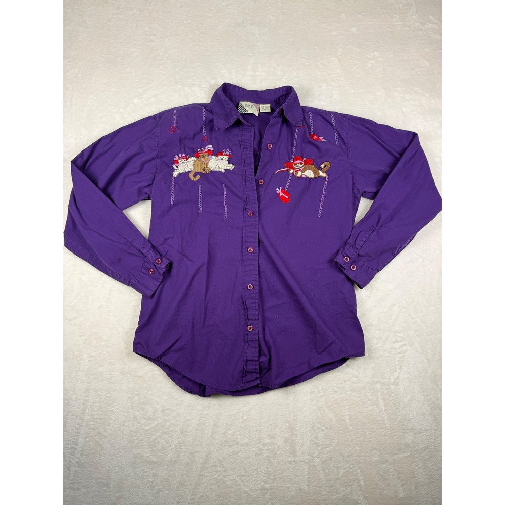Retro‎ 90s Purple Cat Embroidered Novelty Button Up Shirt Cotton Medium